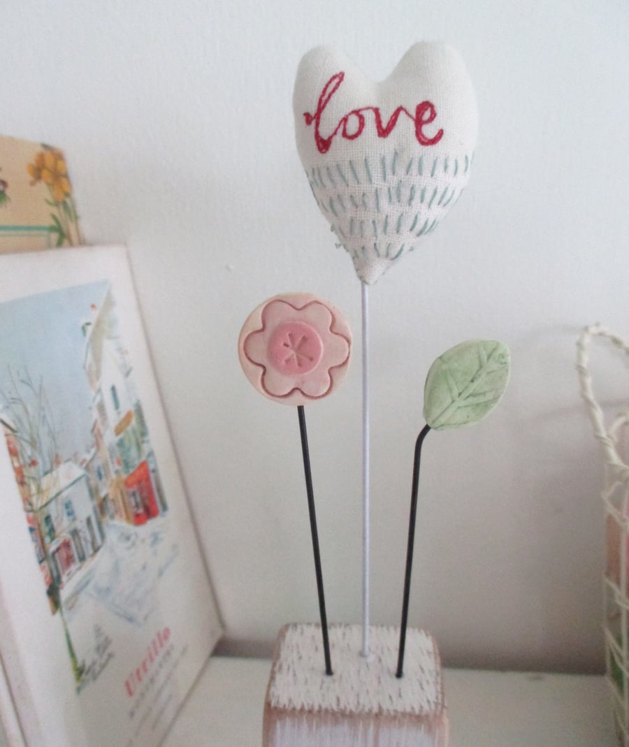 SALE - Hand Stitched Fabric Love Heart on a Wire Stalk with a Clay Flower