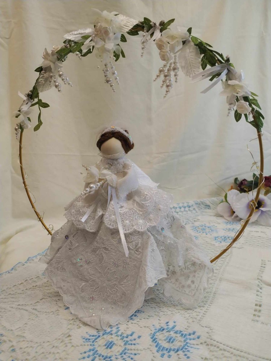 Handmade White Wedding doll sitting on a hoop with fairy lights & Flowers