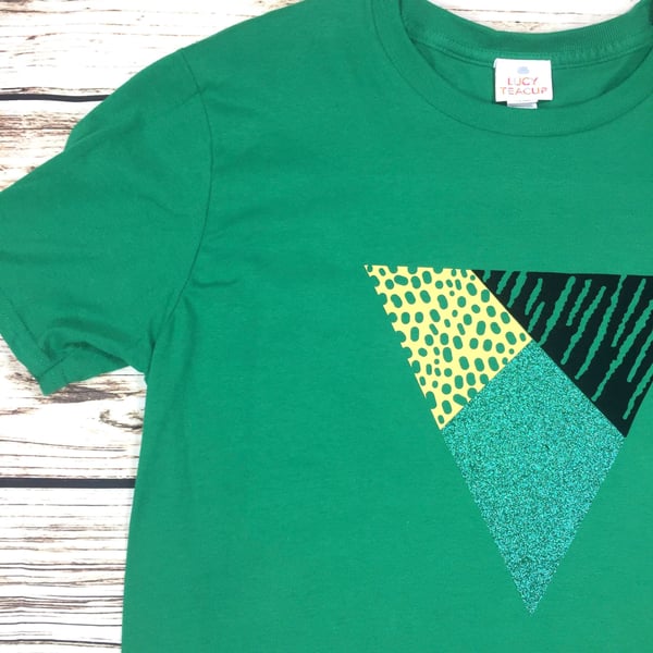 Men's Graphic Triangle t-shirt. Geometric print green top. Casual clothing