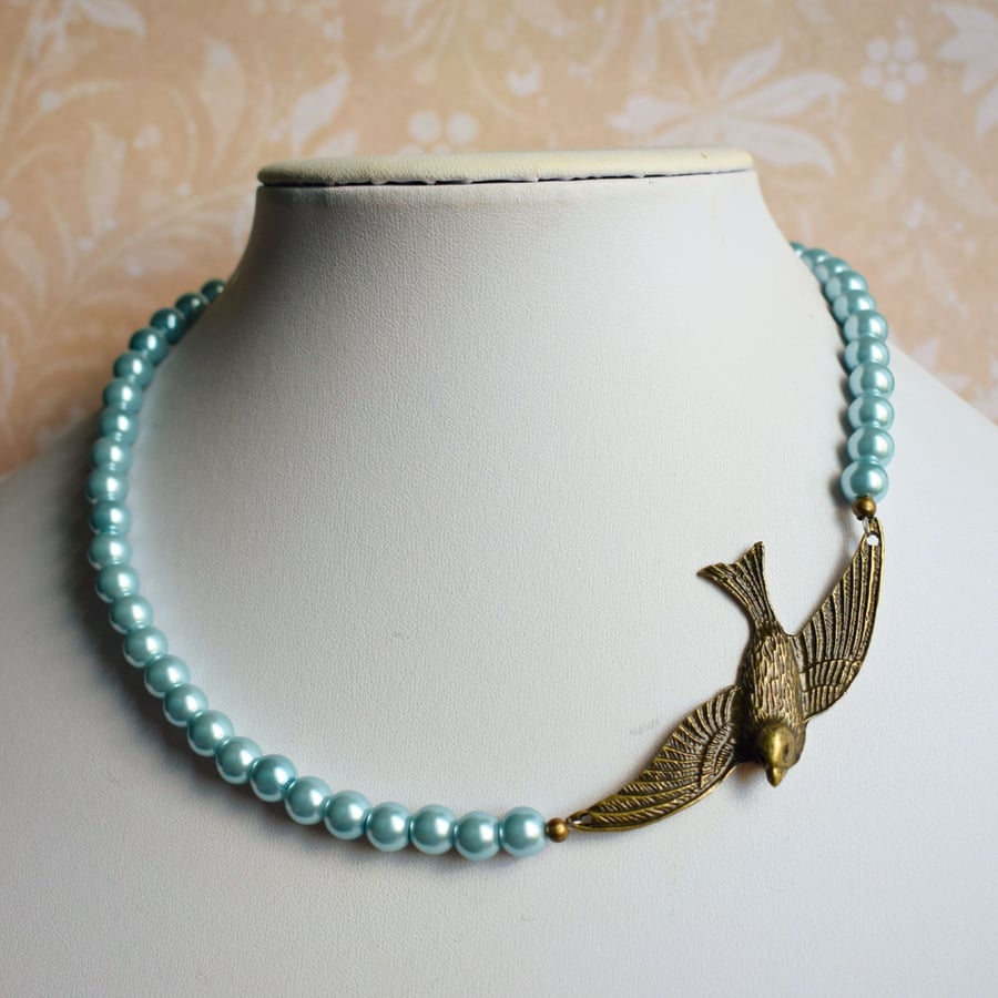 Vintage Style Swallow Necklace with Blue Glass Pearls