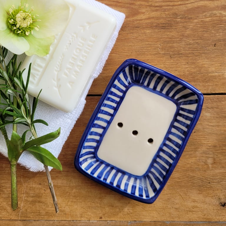 Blue striped soap dish