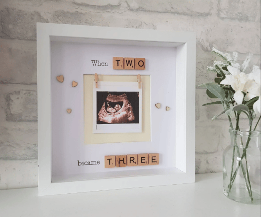 Baby scan photo frame 'When two became three' with wooden scrabble tiles