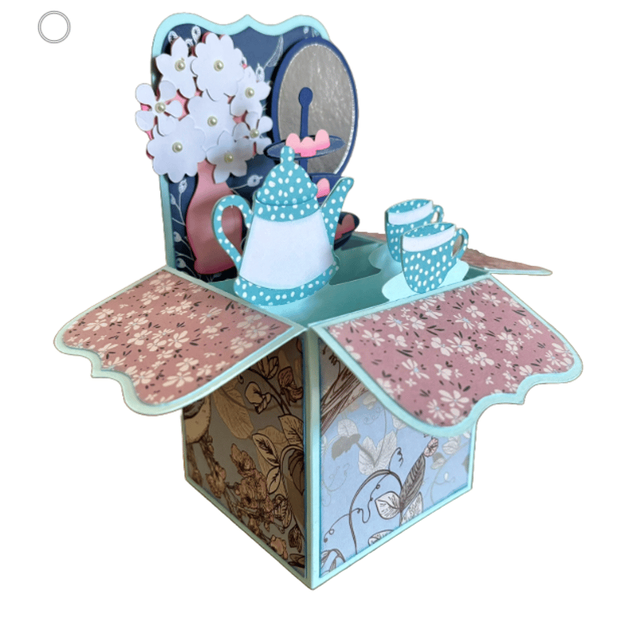 3D Tea Party Pop Up Box Card, Mothers Day Card, Floral Tea and Cake Card