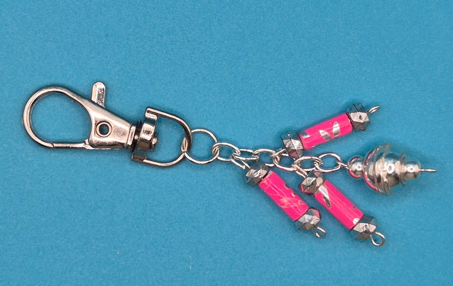 Pink paper beaded keyring, also bag charm