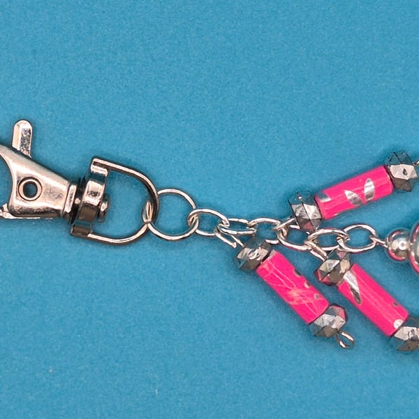 Pink paper beaded keyring, also bag charm