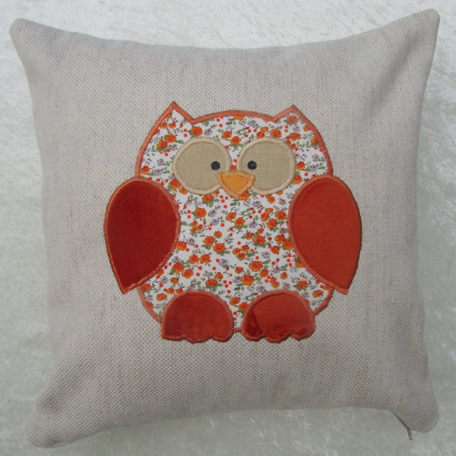 Owl cushion in cream with orange floral owl