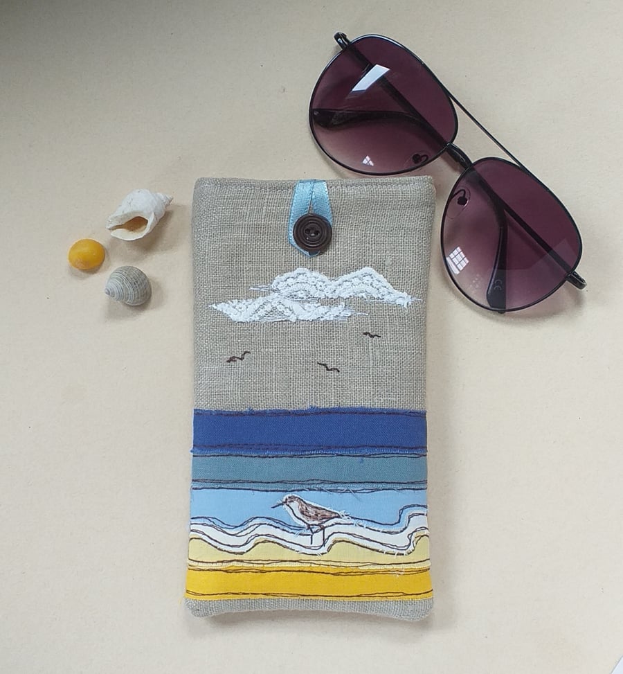 Glasses Case with Embroidered Beach Scene