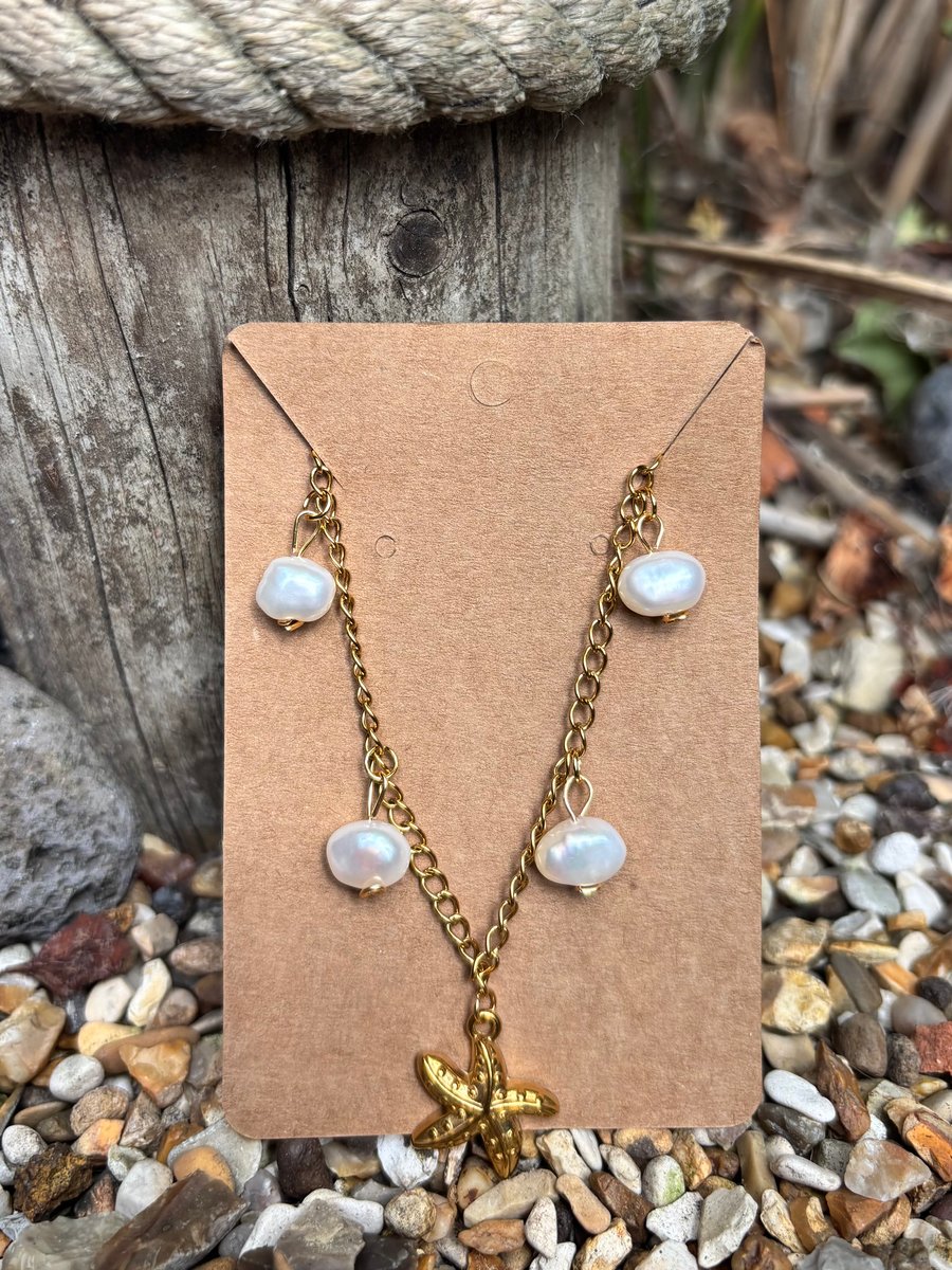 Gold Stainless Steel Starfish Pendant with Freshwater Pearl Charm Necklace