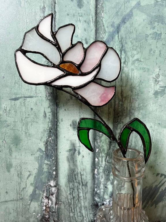 Pale pink stained glass flower with vintage glass for everlasting bouquet 