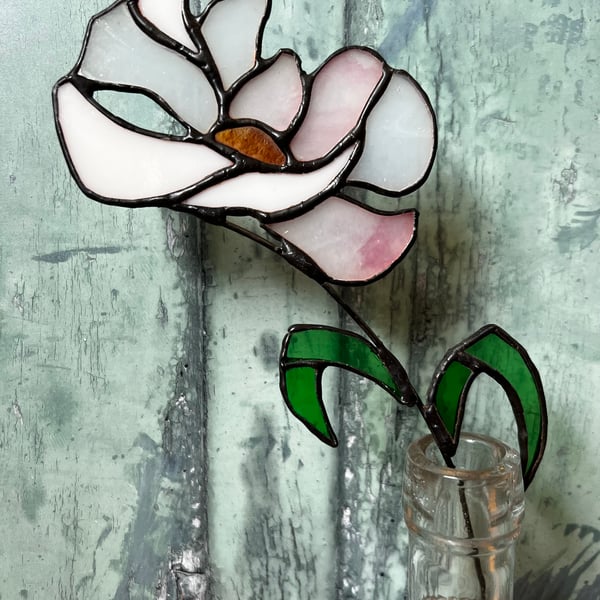 Pale pink stained glass flower with vintage glass for everlasting bouquet 