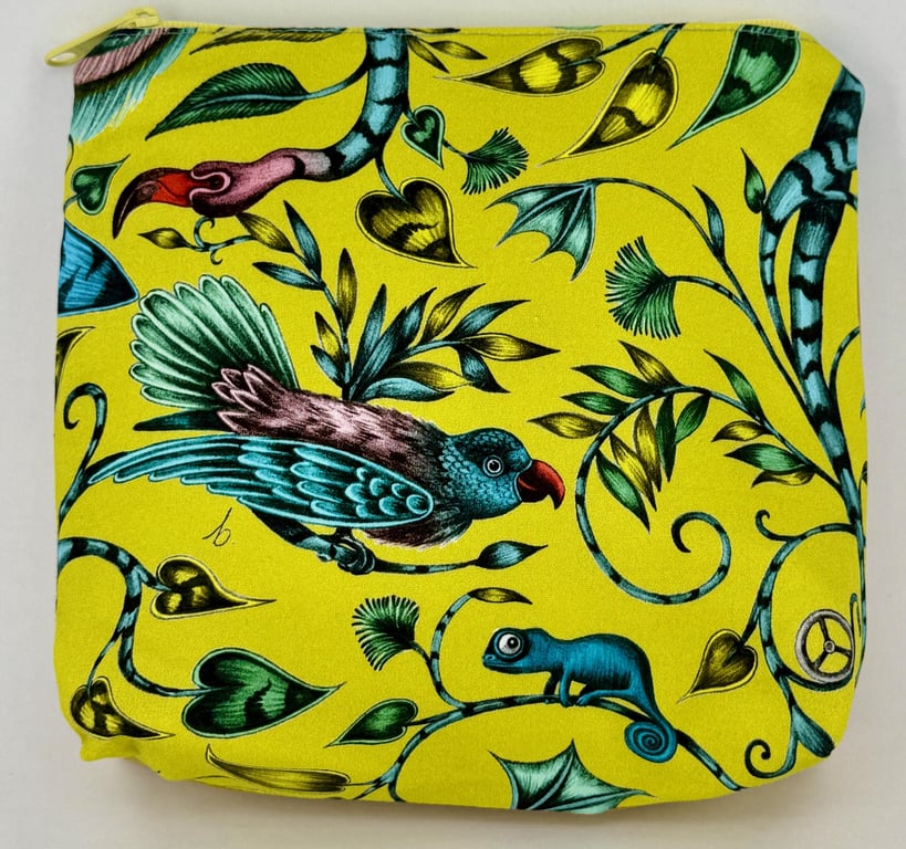 Handmade Emma Shipley sateen fully lined zip purse in yellow tropical design