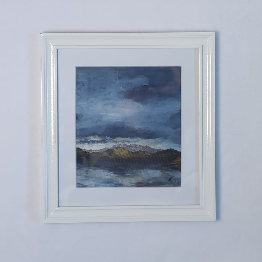 Distant Hills, Landscape With Lake and Mountains, Original Framed Art