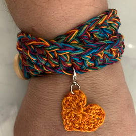 Cotton wrap bracelet with gift pocket heart and clip on heart charm 