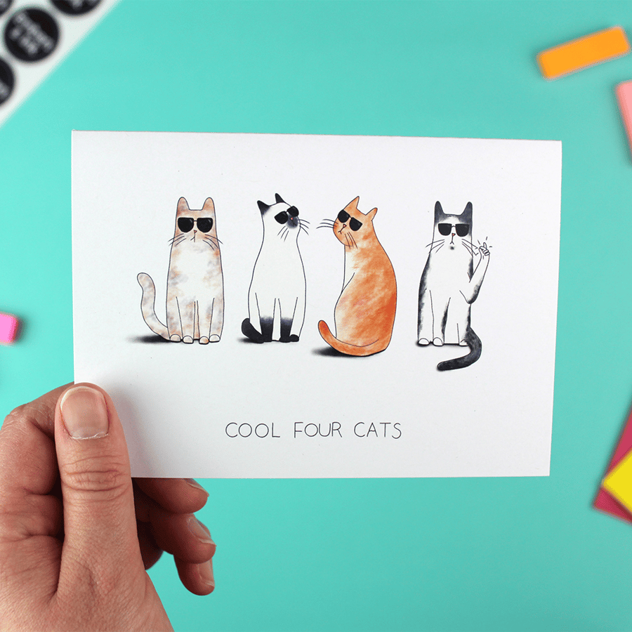 Cool Four Cats A6 Greeting Card
