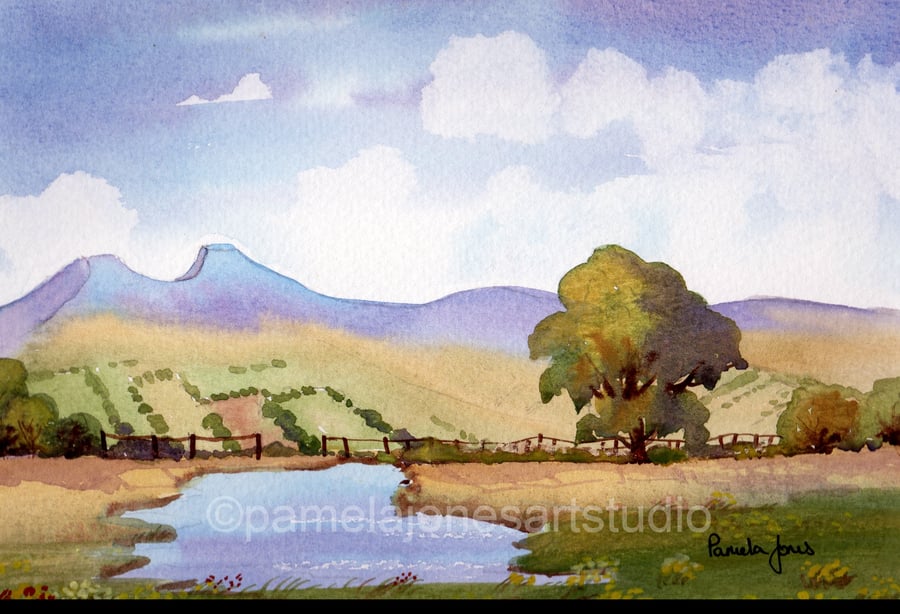 Pond In The Brecon Beacons, South Wales, Watercolour Print in 9 x 7 '' Mount
