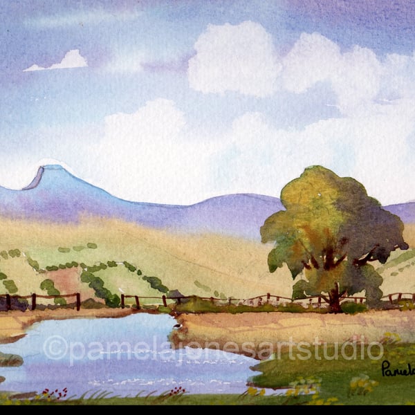 Pond In The Brecon Beacons, South Wales, Watercolour Print in 9 x 7 '' Mount