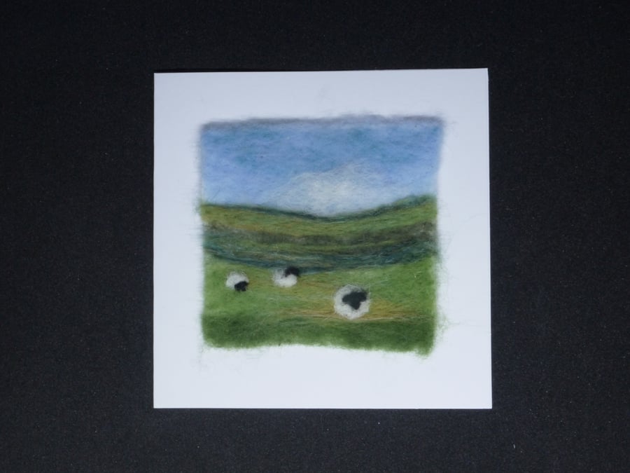 Handmade needle felted 'Field of sheep' blank greetings card