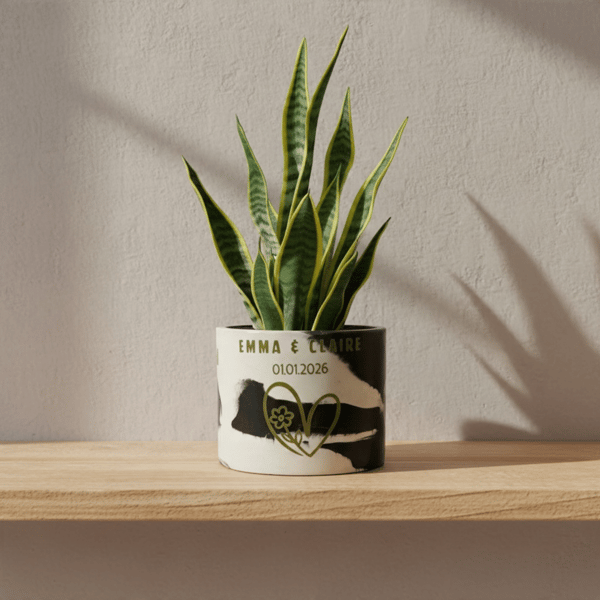Personalised Black and White Plant Pot with Floral Heart - Gold or Silver Vinyl