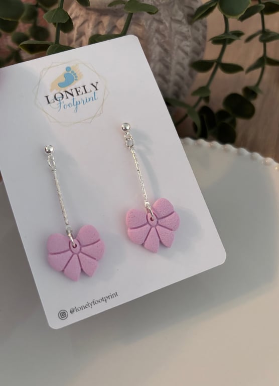 Pink Bow Dangle Polymer Clay Earrings - Lightweight Handmade Earrings 