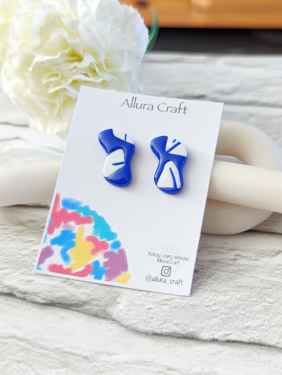 Blue and White statement Bean Stud Earrings