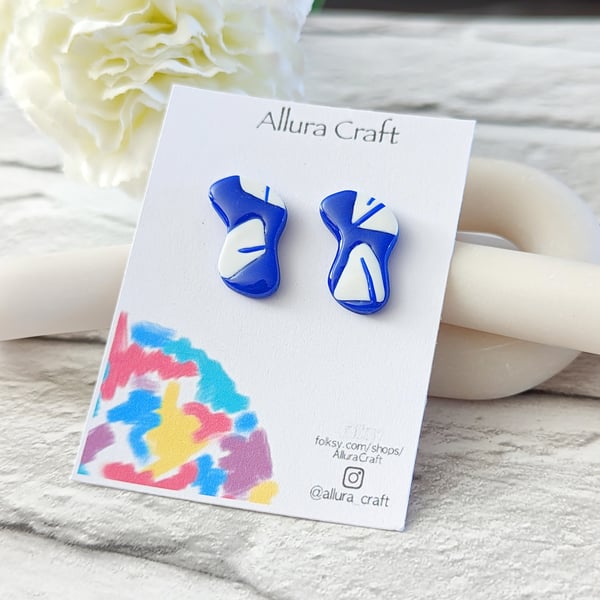 Blue and White statement Bean Stud Earrings