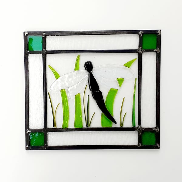 Leaded stained glass panel, with fused glass dragonfly design, green