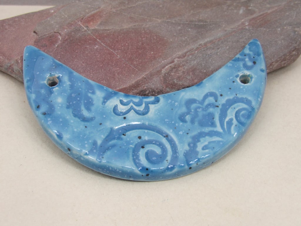 Cornflower Blue Brocade Ceramic Crescent Bib Pendant