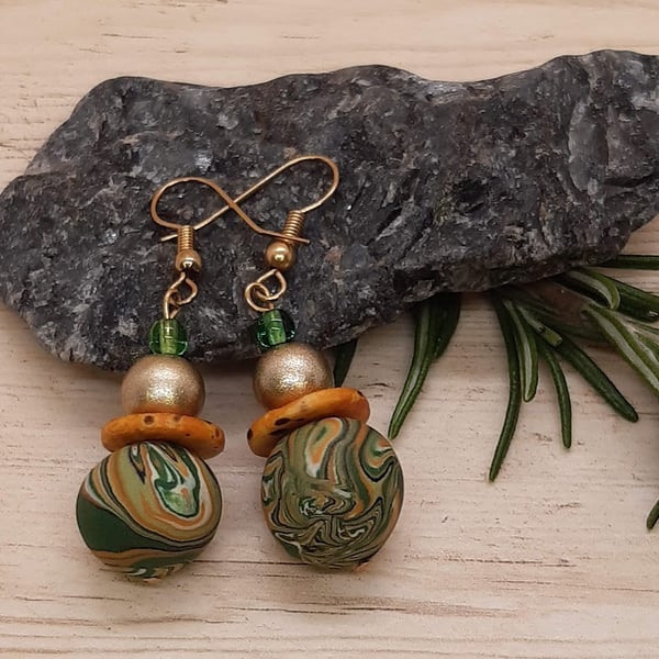 Dangly polymer clay earrings in sage and orange  