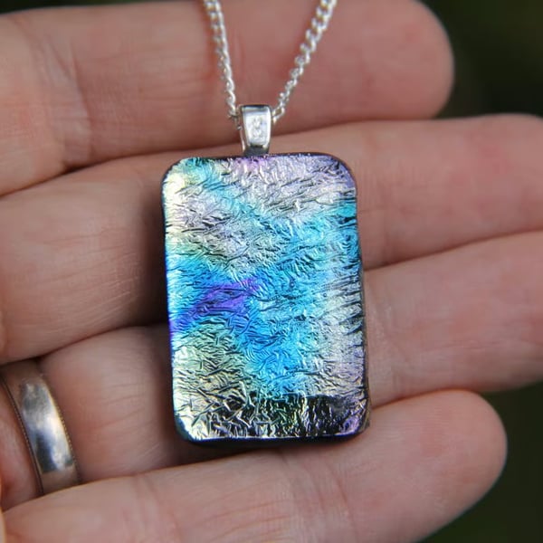 Dichroic Glass Pendant Necklace: Pink Gold Blue Rainbow Fused Glass F1
