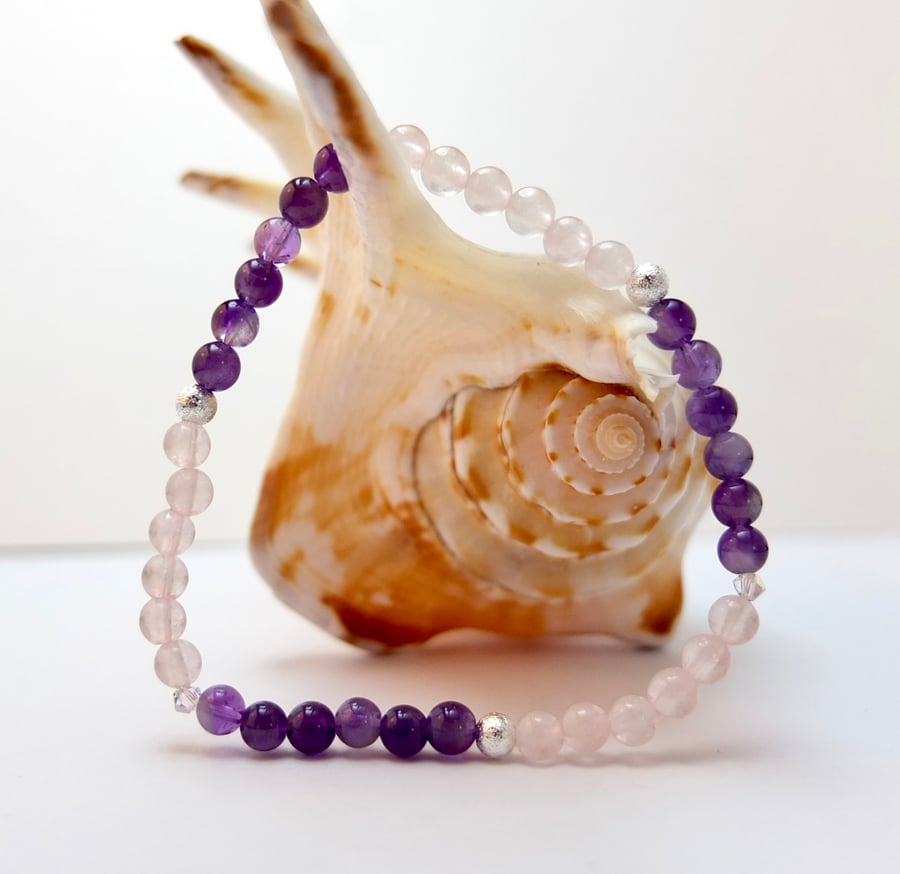 Sage Amethyst, Rose Quartz and Swarovski Crystal Bracelet - Handmade In Devon.