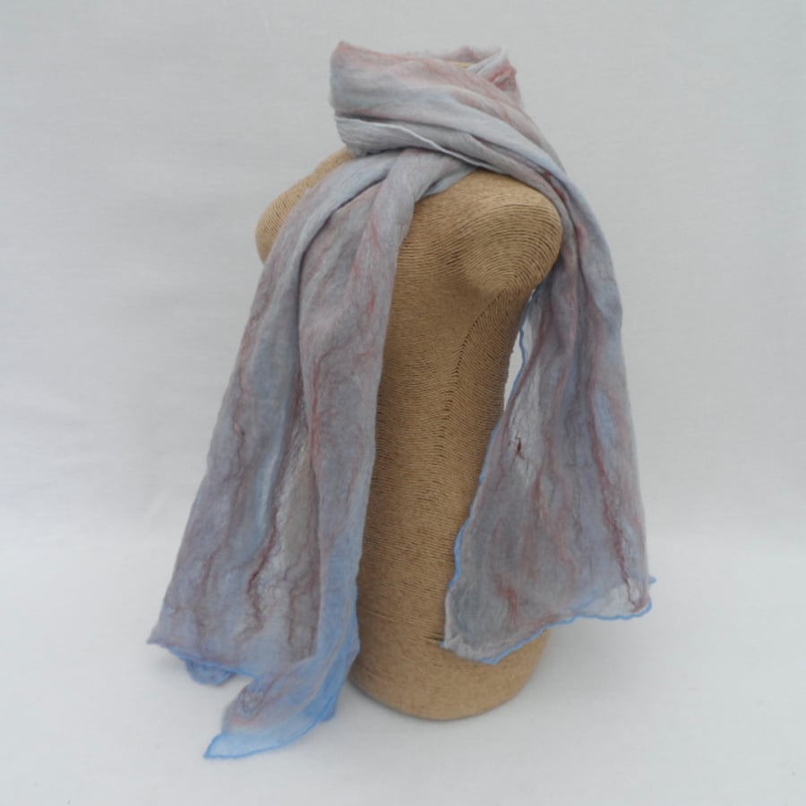 Scarf, cobweb nuno felted, summer pastels, blue-pink