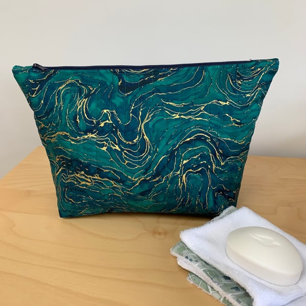 Navy Jade And Gold Marble Effect Quilted Fabric Washbag