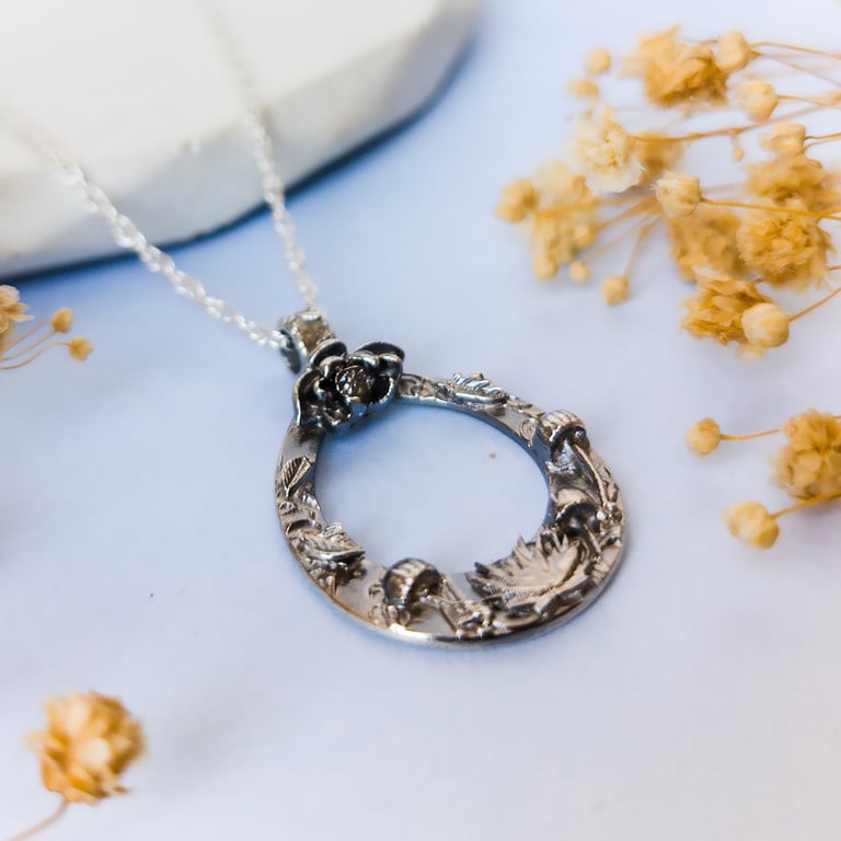 Forest-Inspired Teardrop Pendant – Recycled Fine Silver Toadstool Necklace