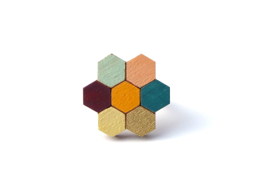 Wooden Honeycomb Flower Brooch