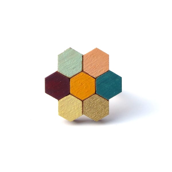 Wooden Honeycomb Flower Brooch