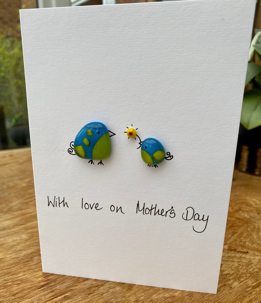 Mother’s Day card with two little fused glass birds