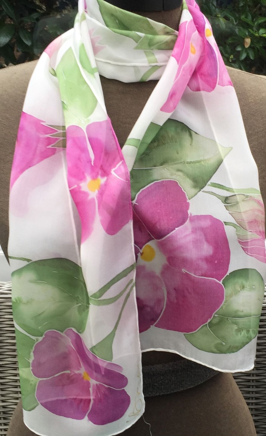Pink Morning Glory hand painted silk scarf
