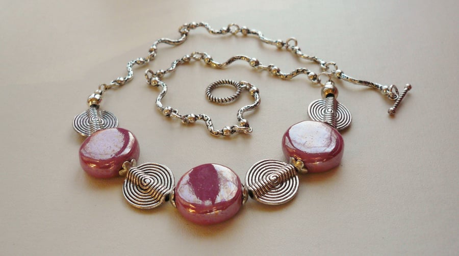 Collar Necklace Pink Ceramic Bead and Tibetan Silver Disc    KCJ401