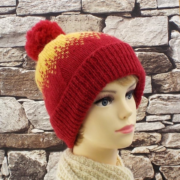 Bobble hat pure British wool red and yellow Exmoor Horn winter ski hat