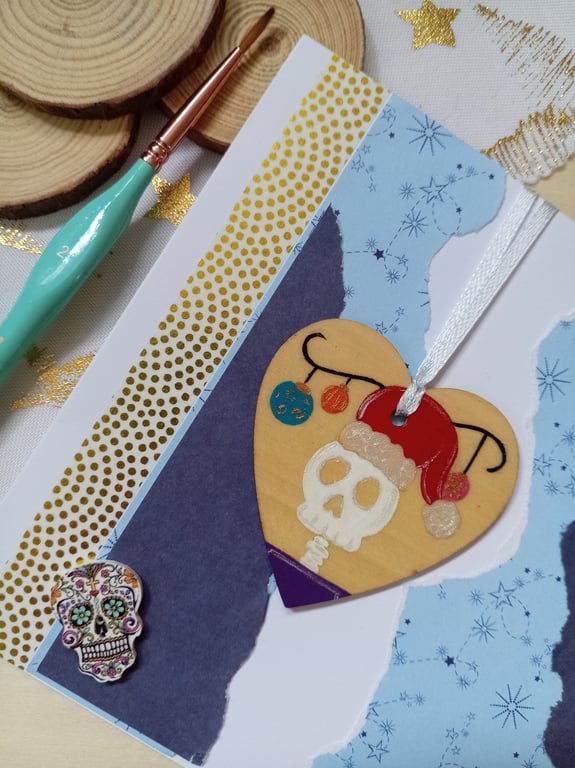 Christmas card with a wooden Christmas skull decoration
