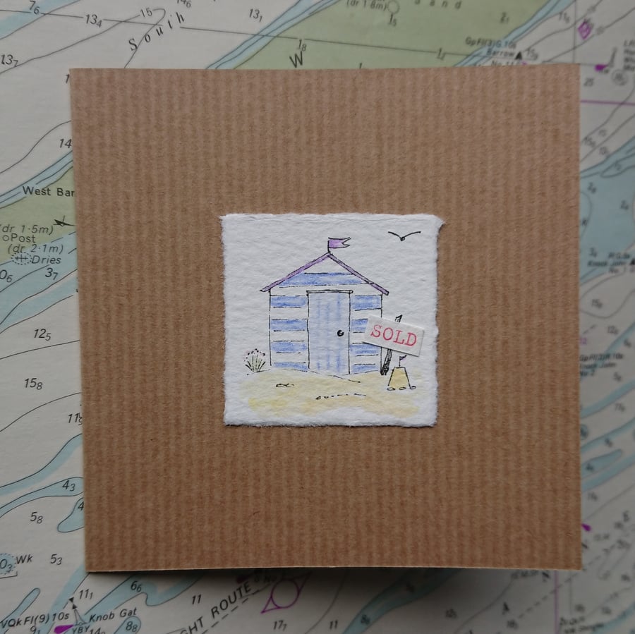 New Home card - beach hut - original artwork - recycled card and envelope