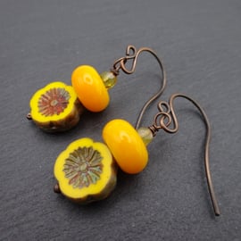 copper earrings, yellow flower lampwork glass jewellery