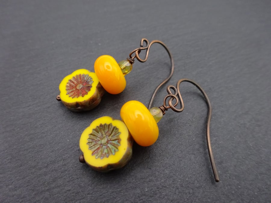 copper earrings, yellow flower lampwork glass jewellery