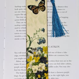 Wooden bookmark, butterfly and flowers design, gift for a nature lover