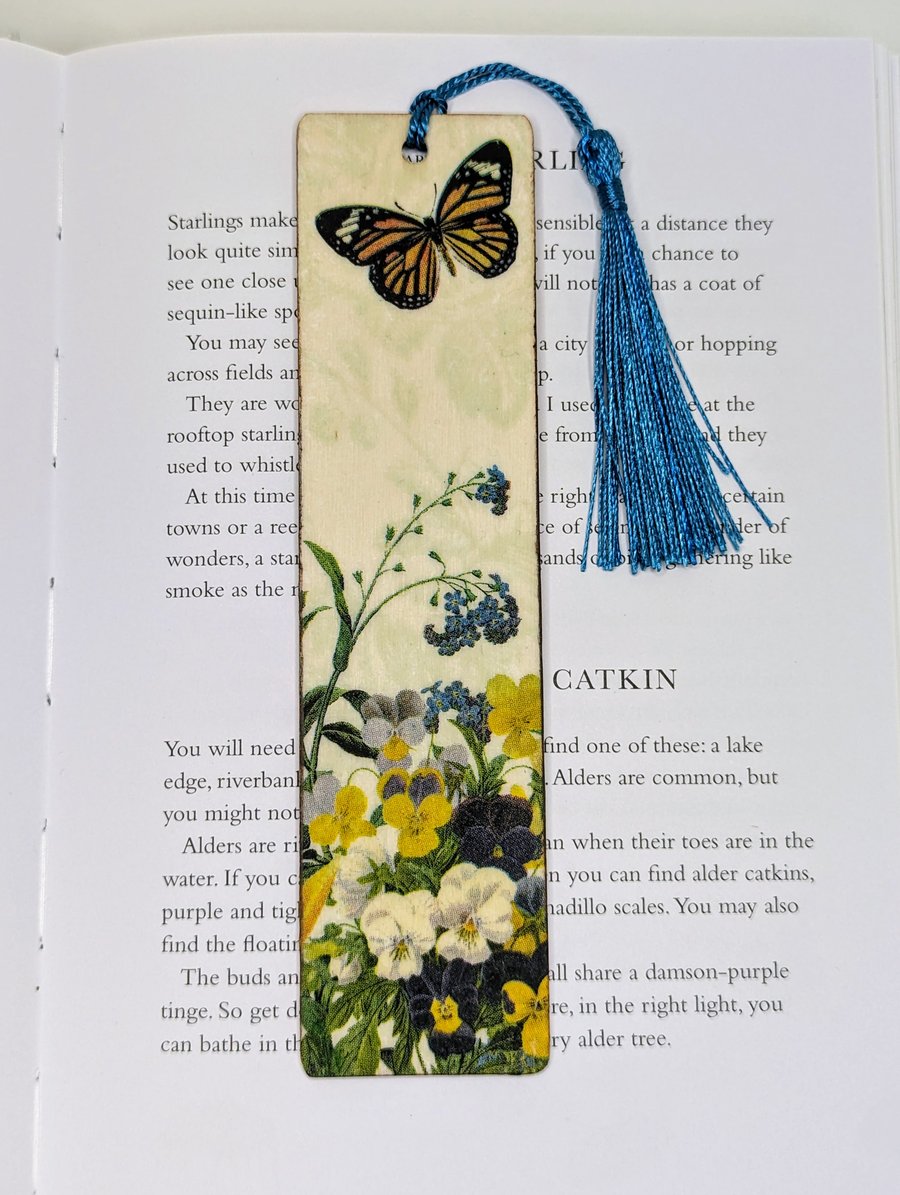 Wooden bookmark, butterfly and flowers design, gift for a nature lover