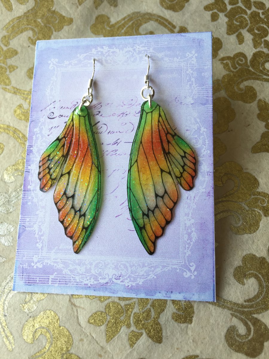 Sparkling Shiny Orange and Green Double Fairy Wing Earrings Sterling Silver
