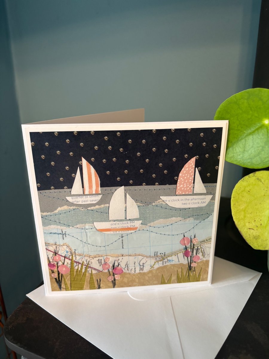 Sailboat or light house seascape card. Print of original hand collaged art