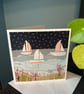 Sailboat or light house seascape card. Print of original hand collaged art