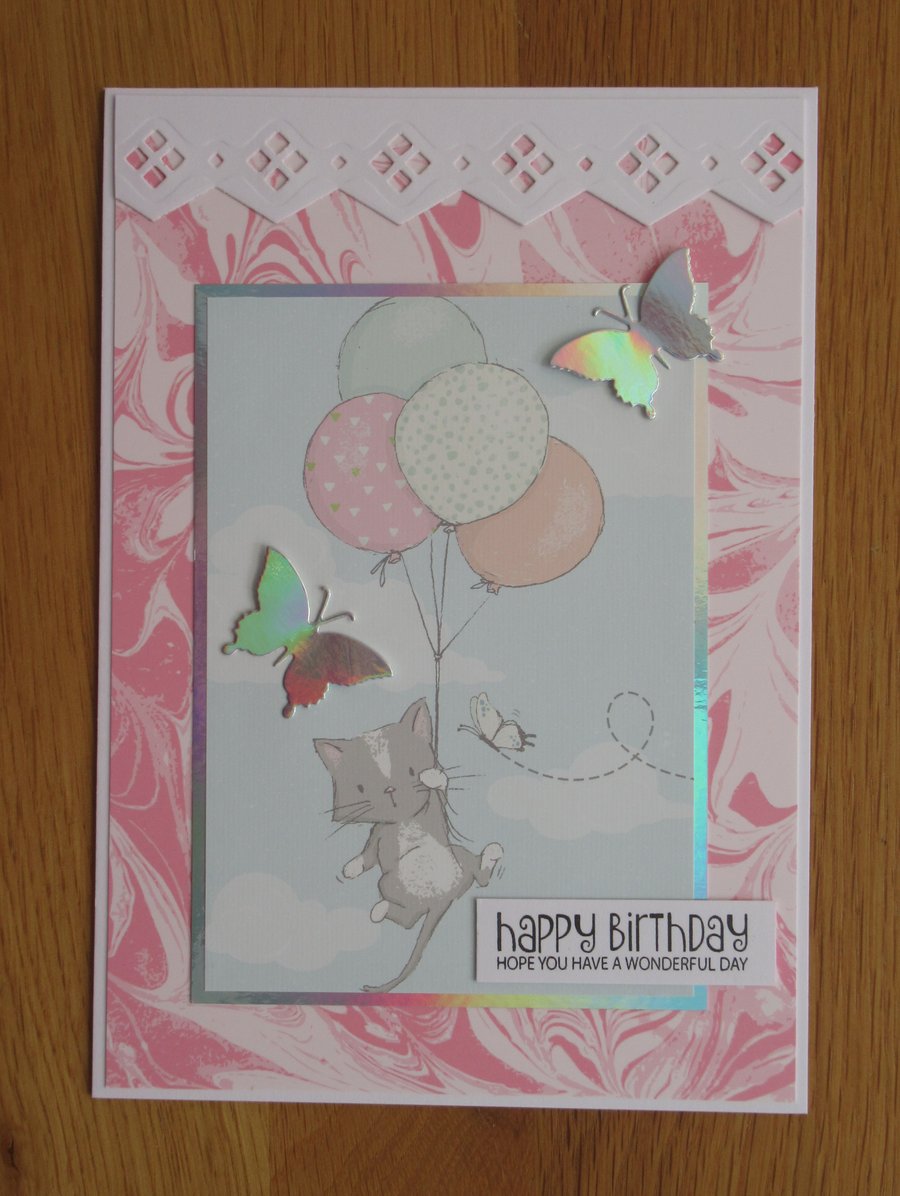 A5 Kitten & Balloons Birthday Card - Pink