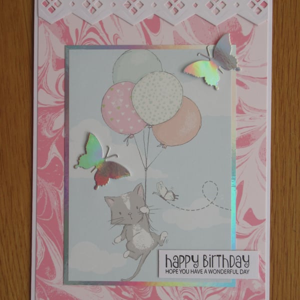 A5 Kitten & Balloons Birthday Card - Pink